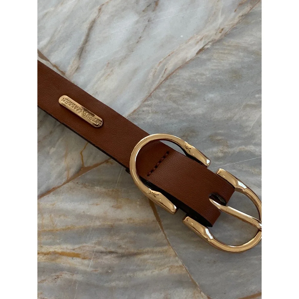 Steve Madden Cognac Brown Faux Leather Belt Gold Oval Buckle Slim Classic 40in
